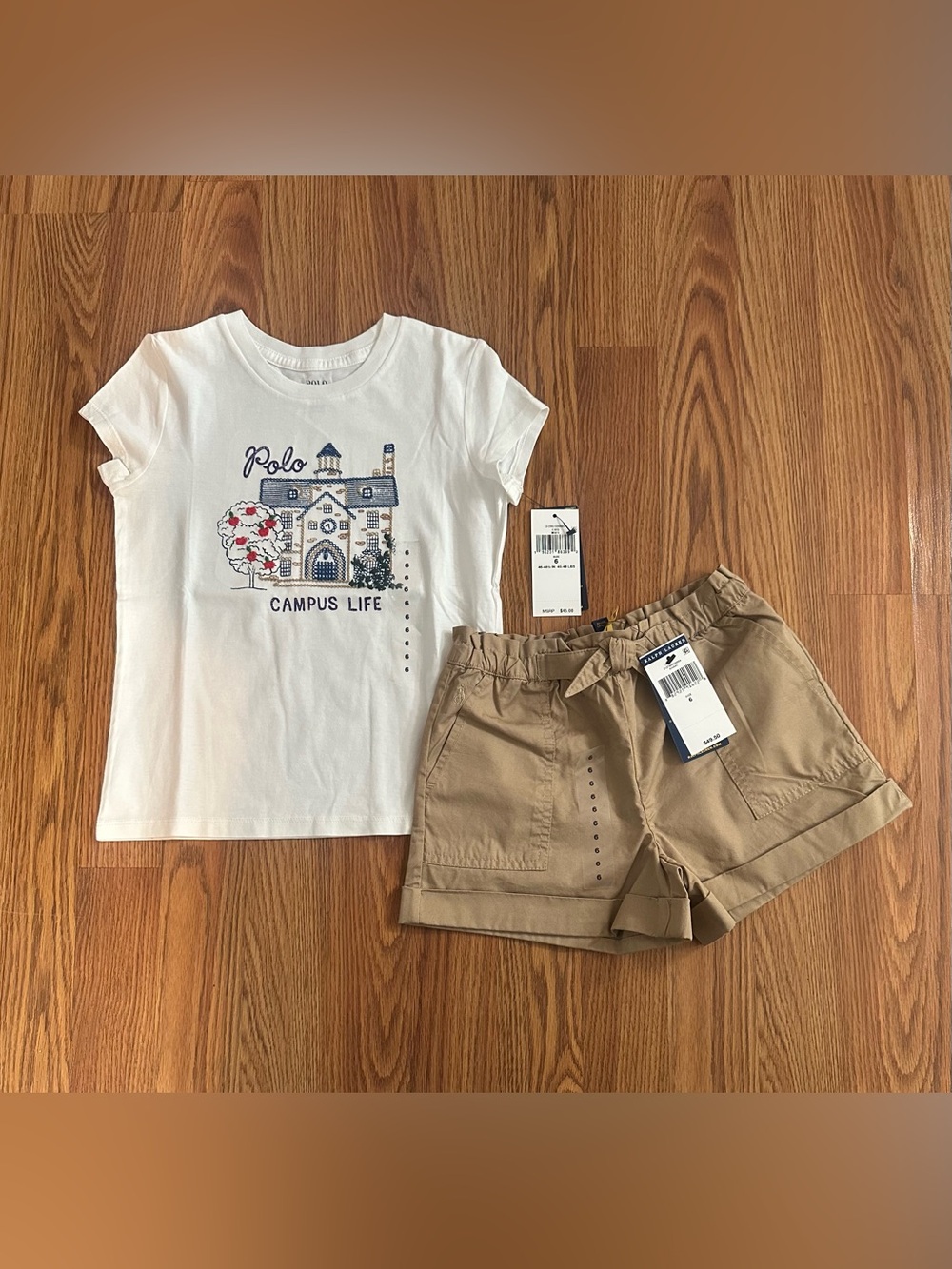 Polo Ralph Lauren Girls Cotton Tee & Cotton Twill Paperbag Shorts, size 6